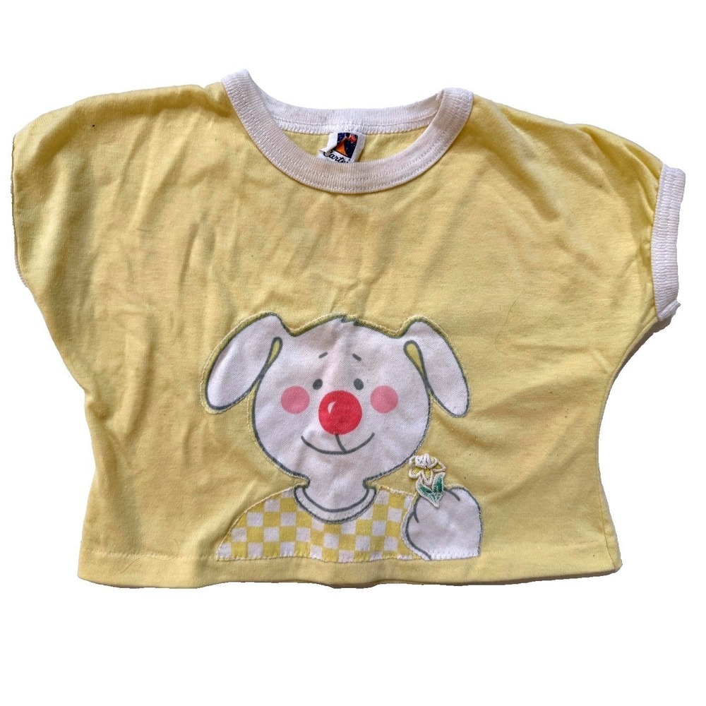 Vintage 80s Baby Shirt 2T Yellow Puppy Dog Embroidered Graphic Made in USA